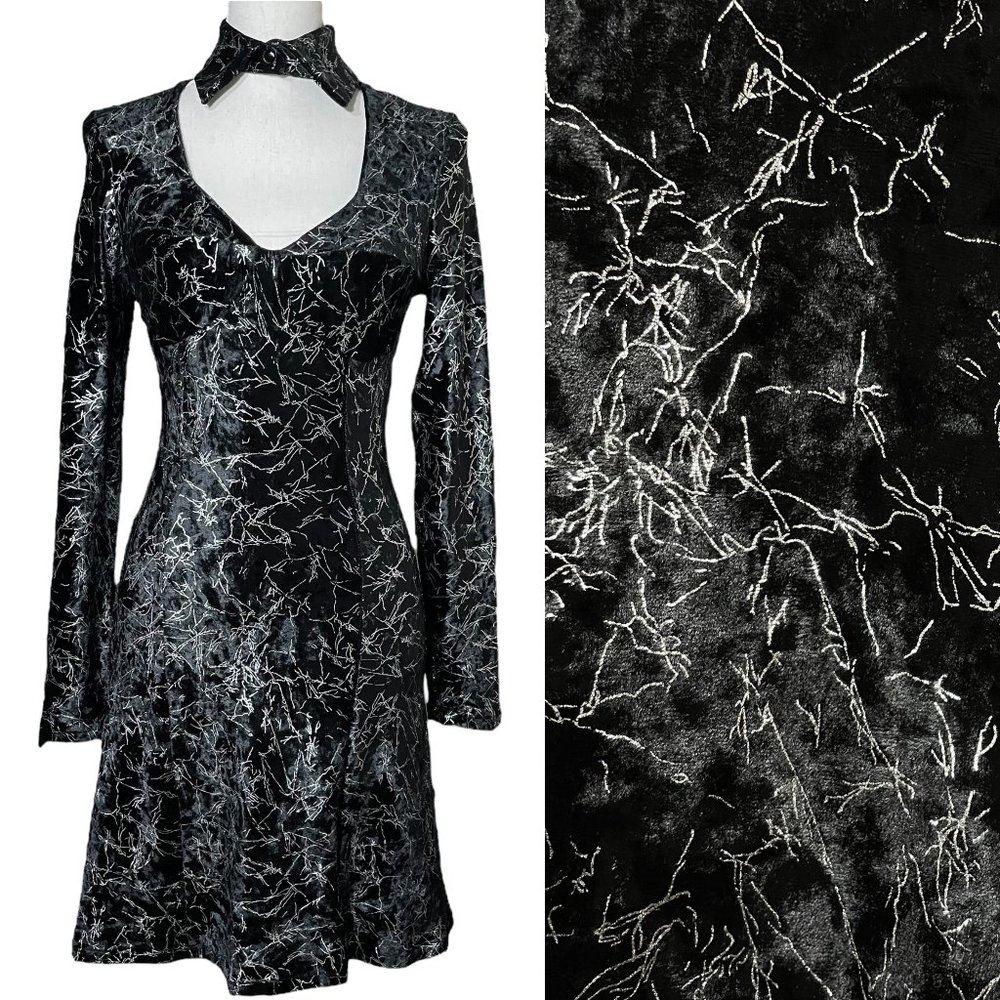 Metallic Velvet Choker Dress M Lightning Silver Crushed A-Line Cutout Skater